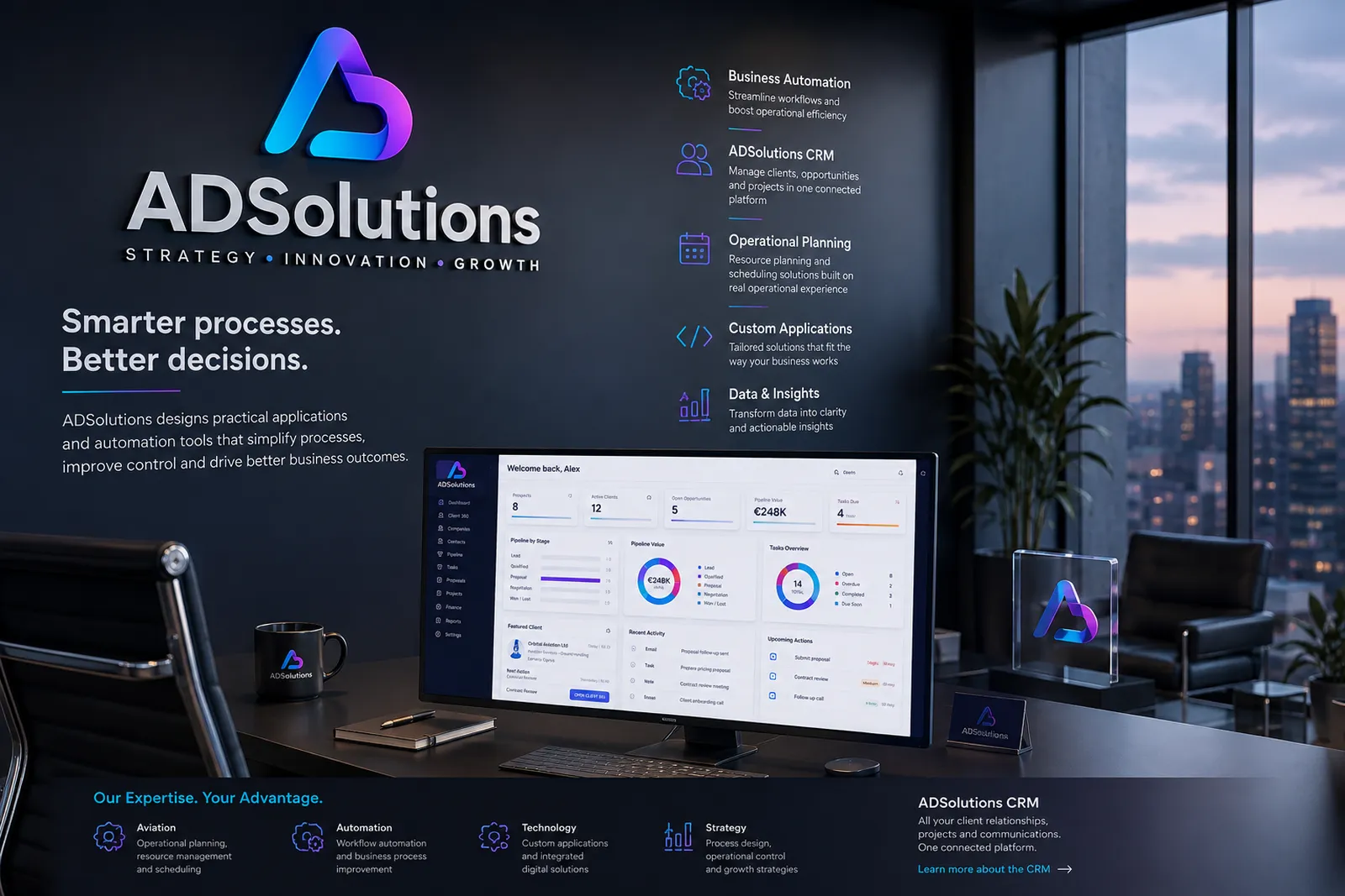 Ο χώρος της ADSolutions με το ADSolutions CRM στην οθόνη και τις υπηρεσίες της εταιρείας στον τοίχο