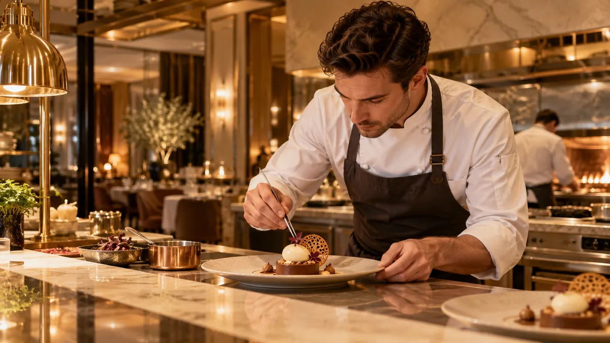 A chef plating a dish at Aurum