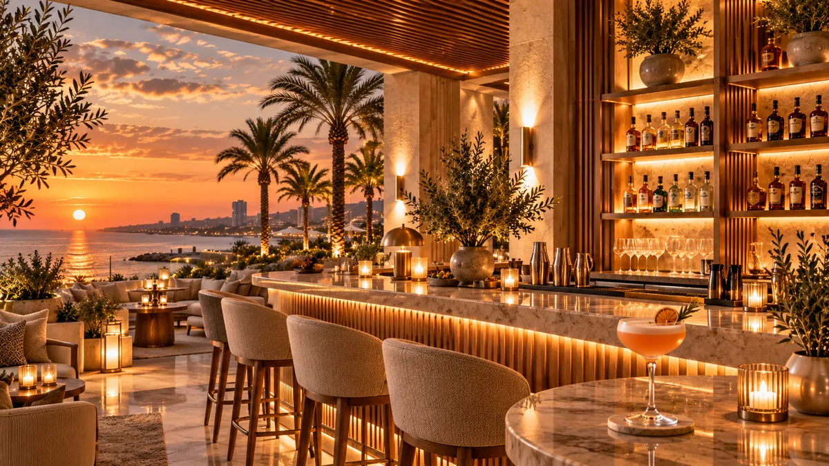 The Gold Room bar at sunset with a cocktail