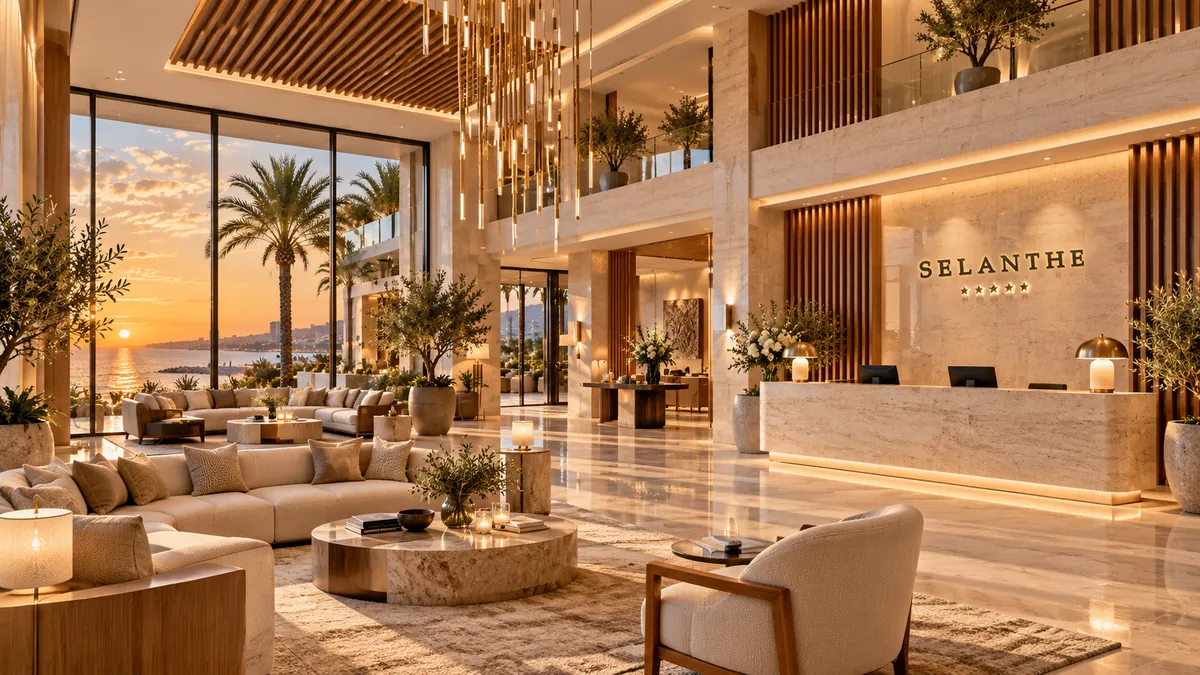 The marble lobby of Selanthe with sea views