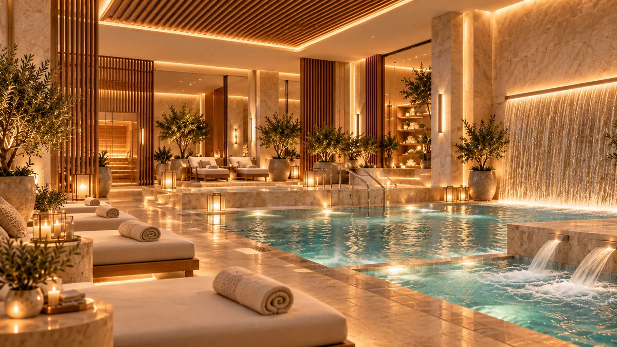 A softly lit indoor spa pool