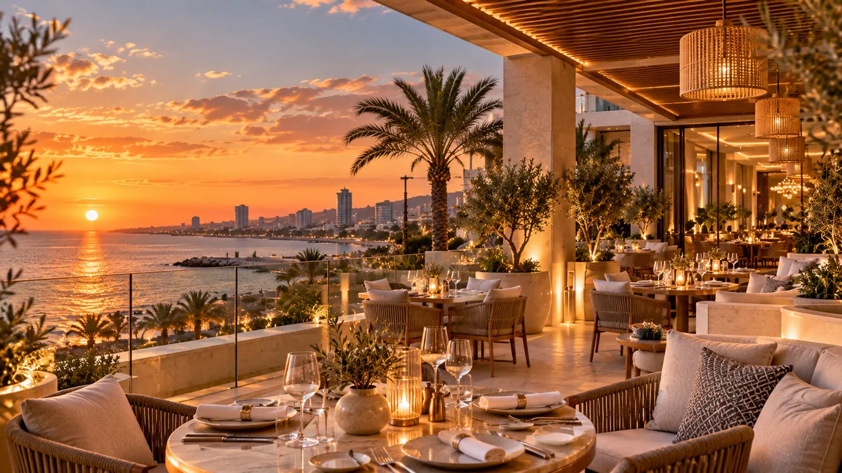 Candlelit tables on a terrace above the sea at sunset